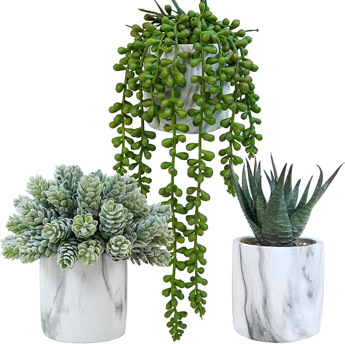 Winlyn Set of 3 Small Artificial Succulent Potted Plants Fake Aloe Hops String of Pearls in Modern Marble Ceramic Planter for Home Garden Bathroom Shelf Office Desk Tabletop Indoor Outdoor Décor