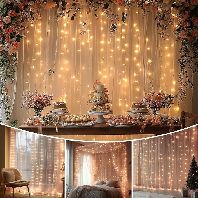 Champagne Tulle Backdrop Curtain with Lights String10x8ft Sheer Drapes for Wedding, Birthday, Baby Shower, Bridal Shower, Photo Booth, Party, Home Decor (2 Panels)