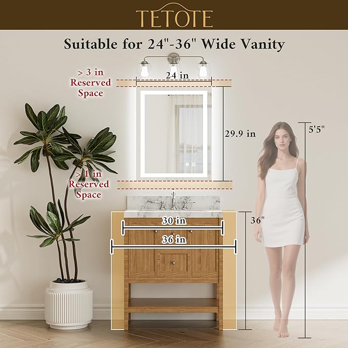 TETOTE LED Bathroom Mirror 24 x 30 Inch Lighted Bathroom Vanity Mirror with Lights, Brighter Frontlit and Backlit Light up Anti Fog Mirror, 3-Color Dimmable, Shatterproof Tempered Glass, Waterproof