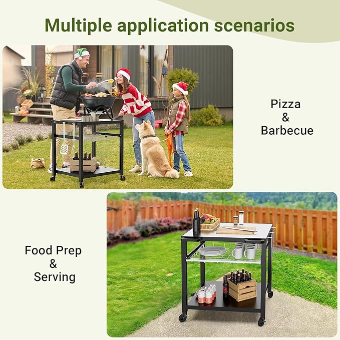 NUUK Grill Cart 30"x24" Pizza Oven Table for Outdoor 3-Shelf with Stainless Steel Top and Sliding Drawer BBQ Grilling Carts Outside Serving Prep Tables Indoor Stand