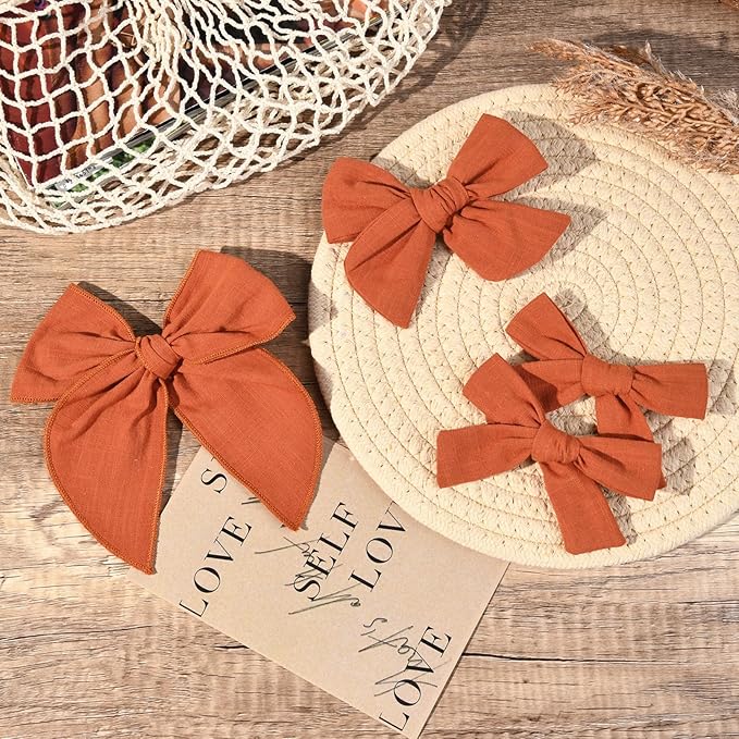 DEEKA 4 PCS Burnt Orange Cotton Linen Hair Bows 3 Styles 5" & 4" Handmade Hair Bow set for Toddler Girls Alligator Hair Clips Knot Bows Hair Accessories for Little School Girls (Burnt Orange)