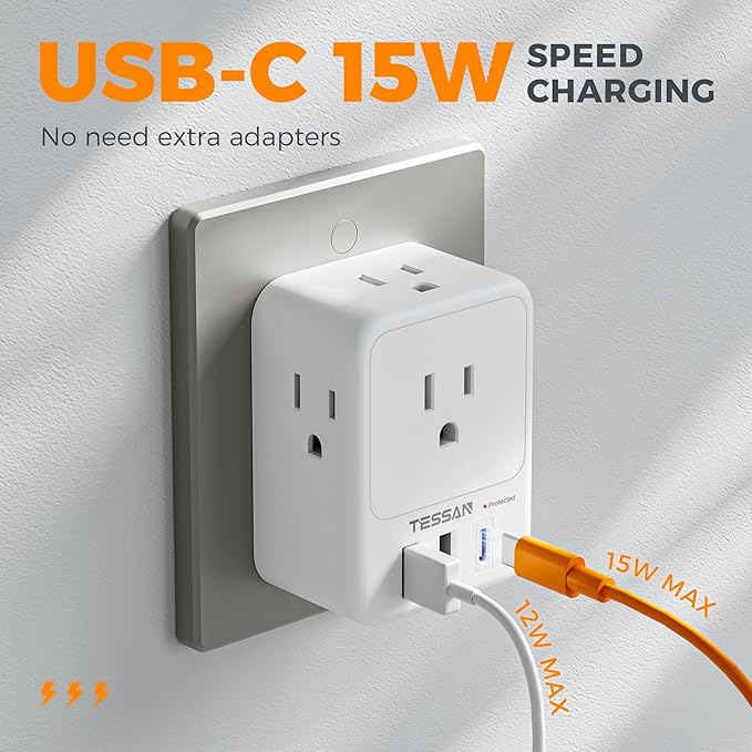 USB Charger Block, TESSAN Outlet Extender Surge Protector with USB C, 4 AC Multi Plug Wall Outlet Splitter 1875W, Electrical Plug Expander for Home Office Dorm Room Essentials, White