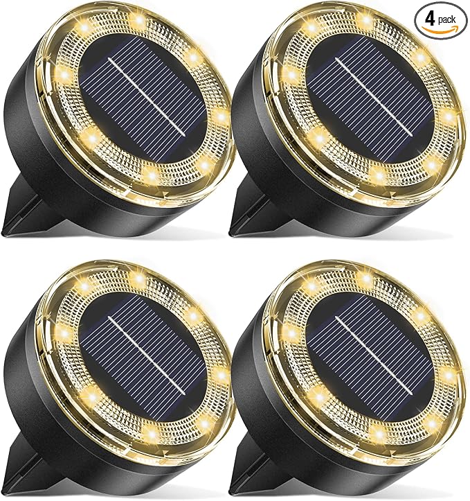 Mini Solar Ground Lights, 4 Pack Solar Lights Outdoor Waterproof, Upgraded LED Flat Landscape Lighting for Outside Pathway Garden Patio Yard Driveway, Warm White