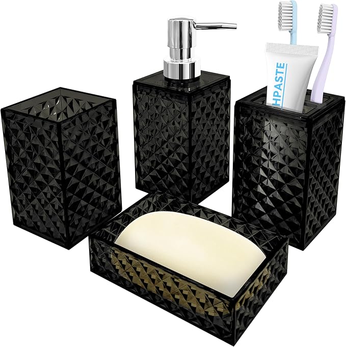 Bathroom Accessory Set, 4 PCS Black Bathroom Accessories Set, Soap Dispenser and Toothbrush Holder Set, Soap Dish and Mouthwash Cup, Boho Bathroom Decor, Bathroom Sets Accessories