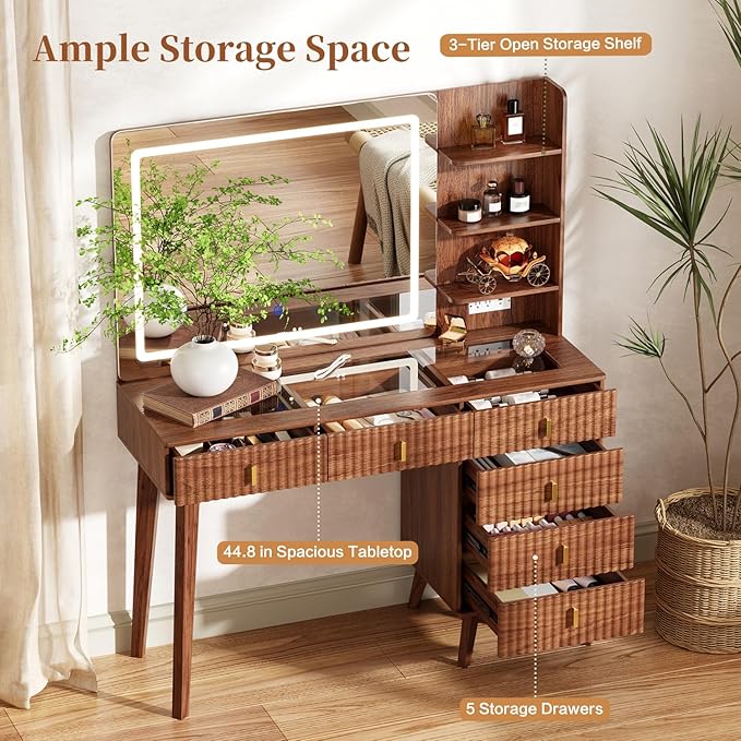 Large Makeup Vanity Desk with Mirror and Lights, Vanity Desk with 6 Drawers & Storage Shelves, Vanity Table with Power Outlet, 3 Color Modes & Adjustable Brightness Dressing Table, Bedroom,Walnut1