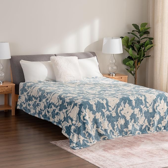 Berkshire Blanket-Classic Heavyweight Soft Printed VelvetLoft® Plush Blanket, Full/Queen Size Soft Fuzzy Warm Blanket for Couch Sofa Bed, Floral Blue, 90in x 90in