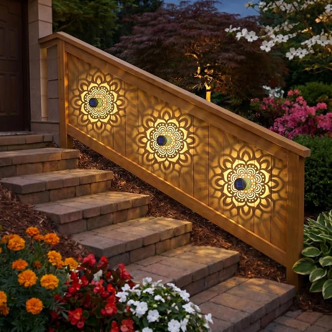 Solar Fence Lights 2 Pack Outdoor Deck Step Wall Lights Metal Waterproof LED Warm Yellow Light for Garden Post Patio Backyard Yard Decor (Mandala-1, 2)