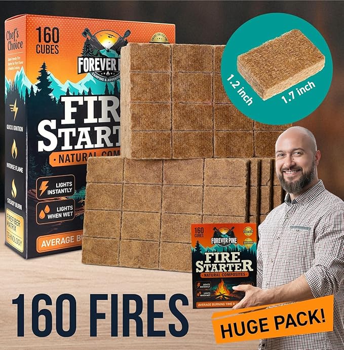 Fire Starter Cubes, 160 pcs - Easy BBQ Ignition - Natural, Waterproof & Odorless Firestarter Squares for Campfire, Charcoal Grill, Outdoor Fire Pit, Wood Stove, Fireplace, Logs - Camping Essentials