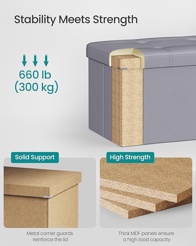 SONGMICS MAZIE Collection - 43 Inches Folding Storage Ottoman Bench, Ottoman with Storage, Foot Rest Stool, Load 660 lb, for Living Room, Synthetic Leather, Light Gray ULSF70GY
