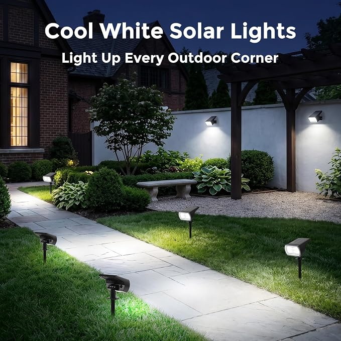 Solar Lights Outdoor Waterproof, 4 Pack 60 LED Solar Spot Lights Outdoor, Dusk to Dawn Light Sensor, 3 Lighting Modes, IP65 for Outside Pathway Yard Garden and Landscape（Cool White）