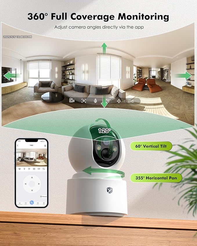 2.5K 4MP Pan/Tilt Security Camera Indoor with 6000mAh Battery, 5G&2.4G WiFi Camera for Home Security/Baby Monitor/Pet Wireless Surveillance Cam, Color Night Vision, AI Motion Detection, 2-Way Audio