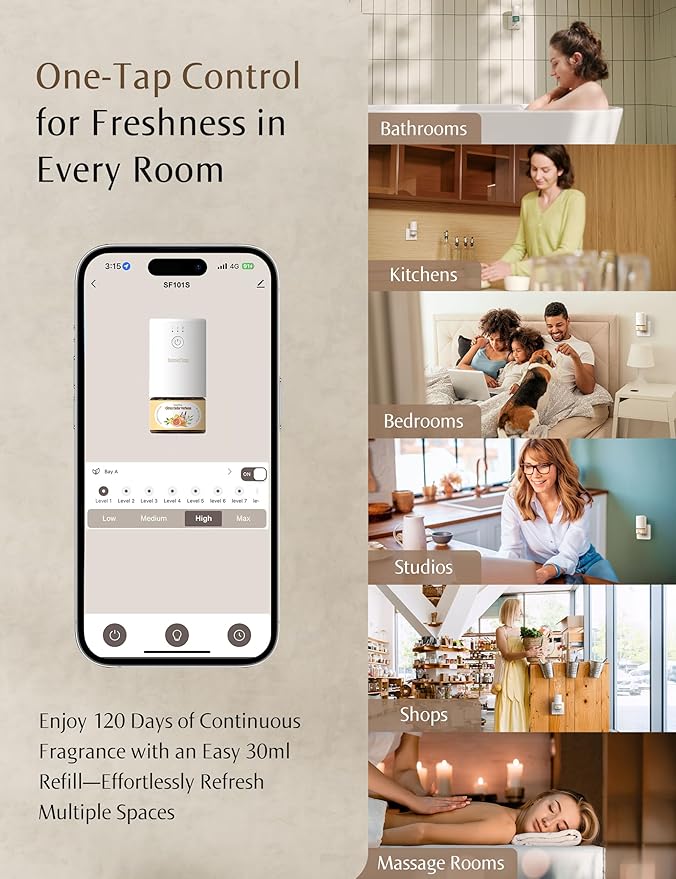 Essential Oil Diffuser for Home, Smart Waterless Aromatherapy Diffuser SF101S Pro, Plug in Room Scent with Timer & 120-Day Natural Aroma, Covers 1000 Sq Ft – Free 30ml Australian Sandalwood