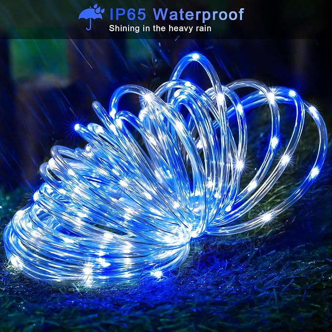 JMEXSUSS 200 LED Solar Rope Lights for Christmas Decor, 72ft IP 65 Outdoor Waterproof Christmas Rope Lights with 8 Modes, Blue and White Solar Christmas Lights for Fence Yard Walkway Christmas