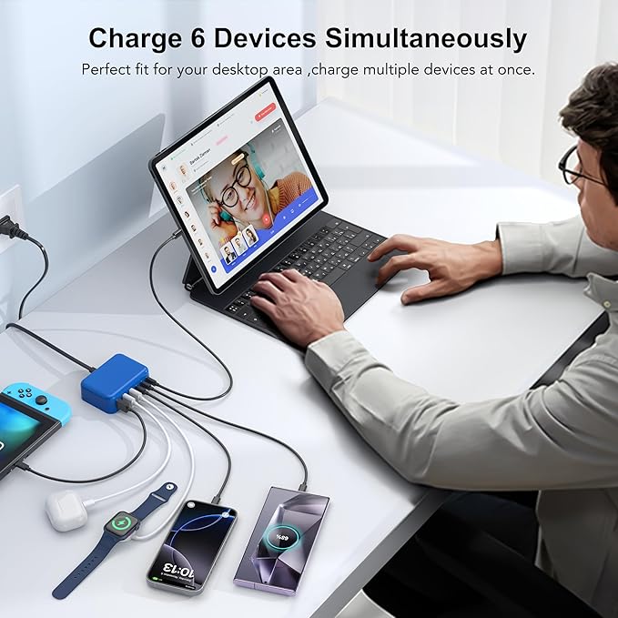 USB C Fast Charger, 100W GaN 6 Port Type C Charging Station Hub Block Cube, USB C Wall Charger Power Strip Adapter Plug for iPad iPhone 17 16 15 14 13 12 Pro Max Pixel Note Galaxy, 5ft Cord