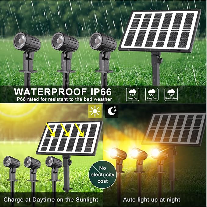CLY Solar Landscape Spotlights, Solar Lights Outdoor IP66 Waterproof, Remote Control 2 Dynamic Modes 3 Brightness Adjustable 2700-6500K Auto On/Off 11M Cable for Garden Pathway Trees Flag 3 in 1