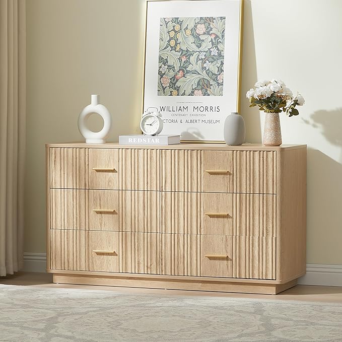 Fluted Double Dresser for Bedroom with 6 Drawers,47" Wide Modern Chest of Drawers,Curved Profile Wood Storage Dressers TV Stand,Wooden Closet Clothes Storage Organizer for Living Room Hallway, Natural
