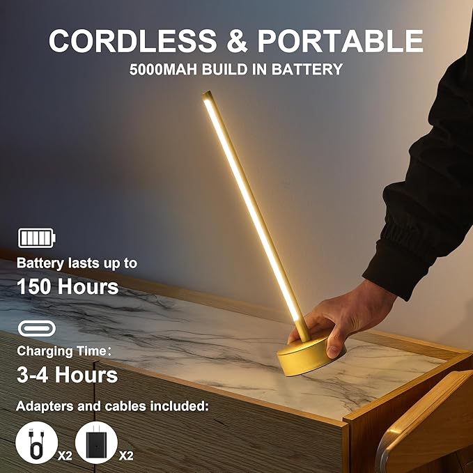 KARTOOSH Cordless LED Table Lamp Set of Two, Battery Operated Portable Desk Lamp,Dimmable/3 Color/Memory Function,Modern Rechargeable Table Light for Living Room,Bedroom,Bedside,Gold, 2 Pack