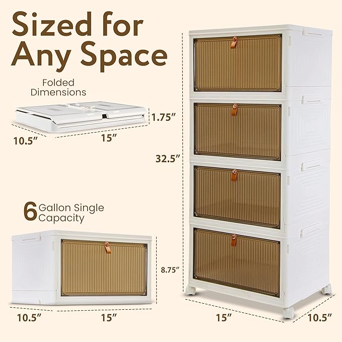 Quik Box Sport 4-Tier Stackable Storage Organizer - 24 Gallon Capacity Collapsible Bins with Magnetic Doors, Space-Saving Vertical Storage for Bedroom, Closet, Dorm Organization