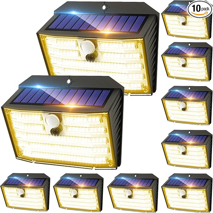 CLAONER Solar Lights Outdoor [𝟏𝟎 𝐏𝐚𝐜𝐤/126 LED], Wireless Motion Sensor Lights, IP65 Waterproof Security Lights 3 Modes, 270° Lighting Angle, Ultra-Bright Wall Lights for Deck Patio Fence Garage