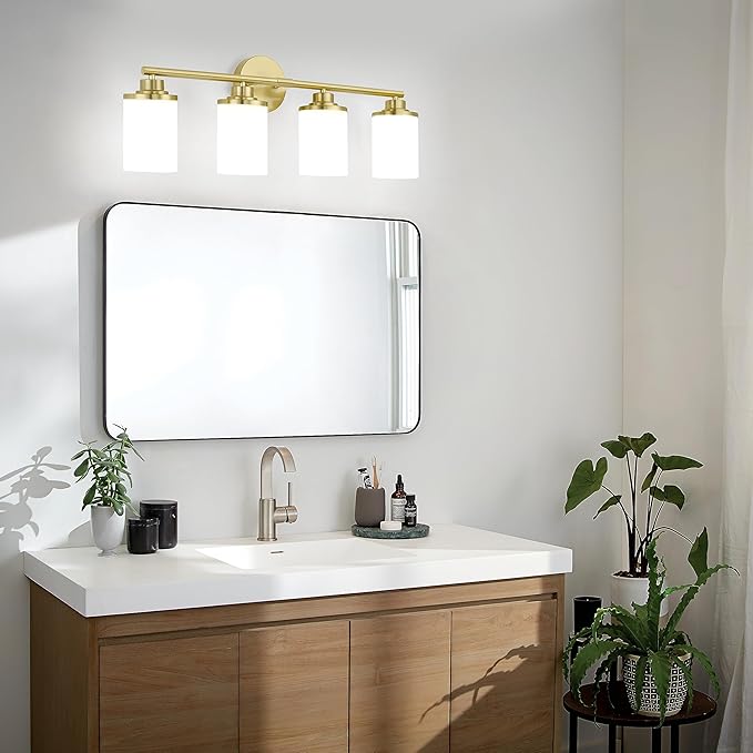 Modern 4-Light Vanity Light Fixtures with Frosted Glass, Brushed Gold Bathroom Sconces Over Mirror