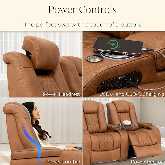 Seatcraft Diamante Zero-Gravity CoolZero Italian Leather Home Theater Seating, Power Headrest, Power Recline, Row of 2, Tawny
