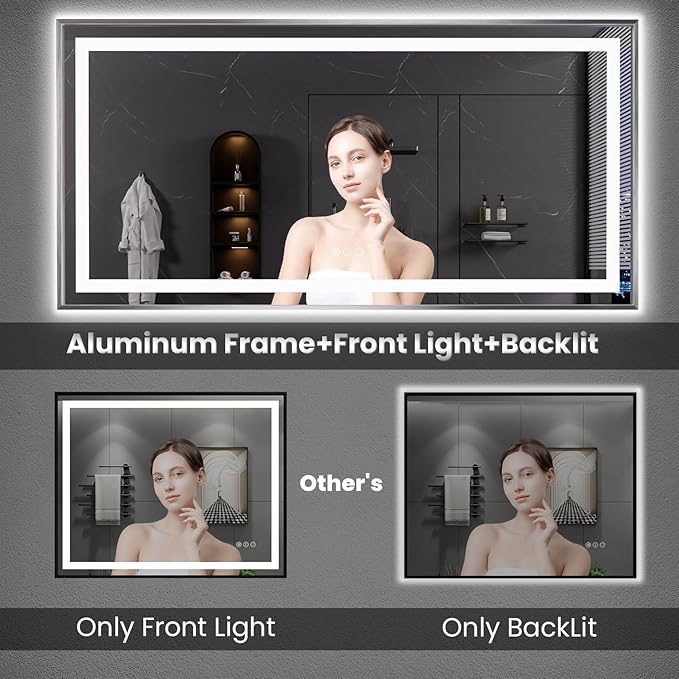 Amorho 60" X40" LED Bathroom Mirror, Brushed Nickel Framed Mirror with Front Light and Backlit, Stepless Dimmable, Anti-Fog, Shatter-Proof, Memory, 3 Colors