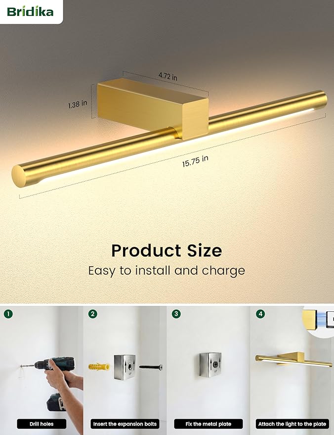 Bridika Metal Picture Light for Wall 15.7inch, Battery Operated Art Light for Paintings Wireless with Remote & Timer, 3 CCT, Dimmable Wall Lights for Picture, Gallery, Artwork,Portrait Gold 1