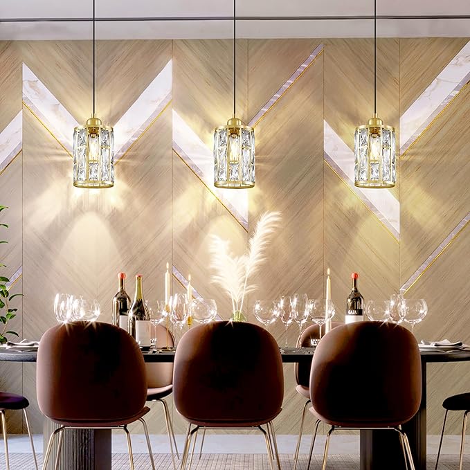 3 Pack 1 Light 5.4" Crystal Shade Hanging Kitchen Island Pendant Light Gold Finish,Modern Pendant Fixture with Crystal Metal Shade for Bar,Dining Room,Living Room Over Sink