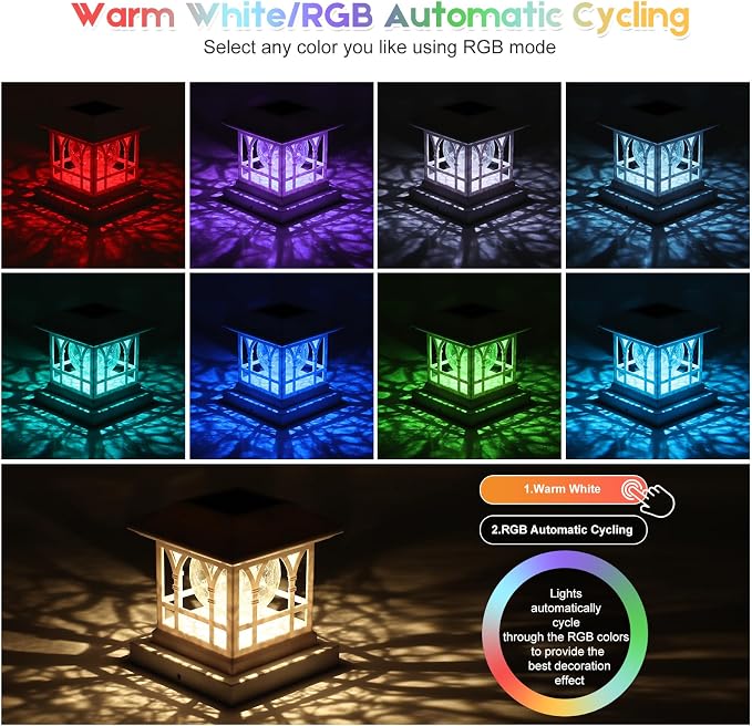 Fence Post Solar Lights, Crackle Glass Solar Post Cap Lights, 20 Lumens, Warm White & RGB Automatic Cycling 2 Modes for 3.6x3.6 4x4 4.5x4.5 5x5 Vinyl Wooden Posts Decoration, White (6 Pack)
