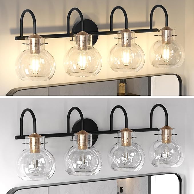 4 Light Bathroom Light, Black and Red Copper Bathroom Vanity Fixtures Over Mirror, Modern Copper Vanity Light with Clear Glass Shade, Black Wall Sconce for Bathroom, Bedroom