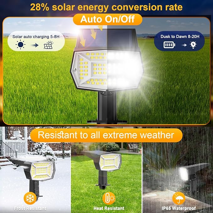 Fabrito 72 LEDs Solar Spot Lights Outdoor Waterproof, 3 Modes Landscape Spotlights, Dusk to Dawn Solar Powered Flood Wall Lights for Outside, Solar Garden Lights for Yard Porch 6 Pack (Cool White)