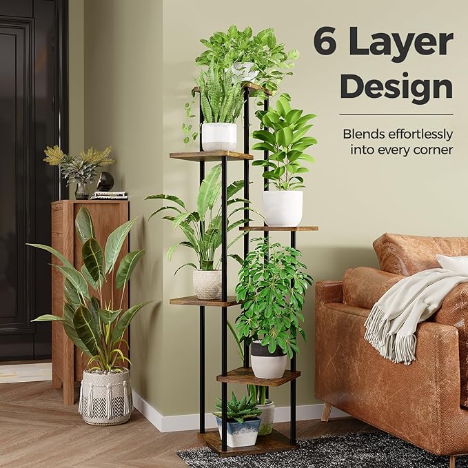 Bamworld Tall Plant Stand Indoor 6 Tier Plant Holder for Multiple Plants Corner Shelf Stand for Patio Garden Balcony Living Room Bedroom Brown
