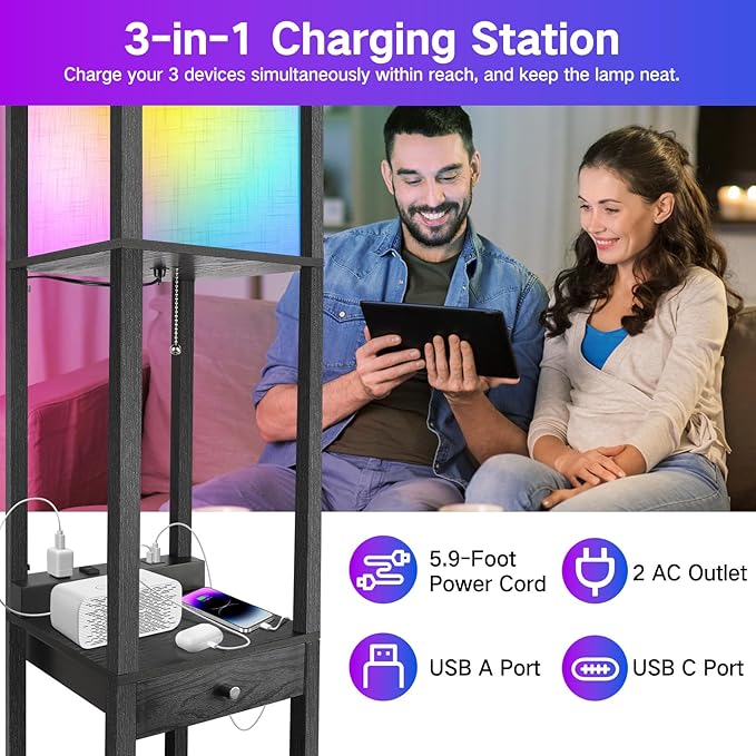 OUTON Floor Lamp with Shelves & Drawer, LED Dimmable Floor Lamp with Remote & App & Voice Control, Charging Station, Color Changing, Storage Display Wood Standing Lamp for Living Room, Bedroom Office