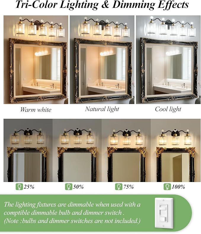 5 Light Vanity Light, Modern Black and Gold Crystal Bathroom Vanity Lighting Fixtures, Bath Wall Mount Lights with Clear Crystal Glass Shade, Wall Sconce Light for Mirror Bedroom Living Room, E26 Base