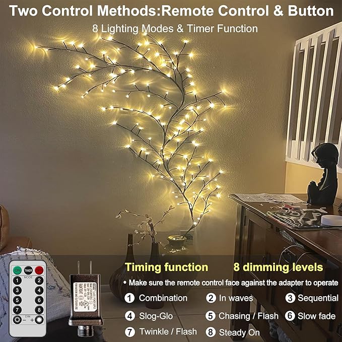 2PCS Vines for Room Decor with Remote, 7.5Ft Christmas Decorations Indoor Home Decor Artificial Plants Twinkling Tree Branches, 8 Modes Enchanted Willow Vine Lights for Bedroom Walls Living Room