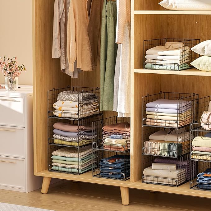4-Tier Stackable Closet Organizers and Storage Shelves, Foldable Closet Shelf Organizer System, Stackable Storage Bins Drawers for Closet Organizer System, Black(Patent Pending, 15.7"x11.8"x34.64")