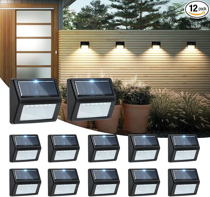 Bright Solar Fence Lights, 12 Pack Outdoor Step Lights, IP65 Waterproof, 3000K Warm-White, Dusk to Dawn Outdoor Lighting with 6 LED for Wall, Garage, Patio, Exterior, Porch