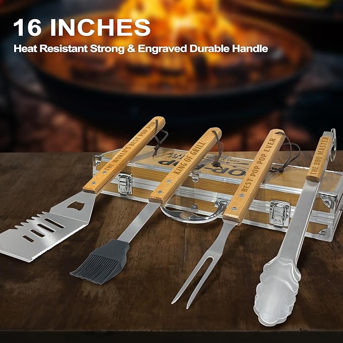 Christmas Pop Pop Gifts from Grandkids, Pop Pop Gifts Heavy Duty Wooden BBQ Grilling Accessories Kit for Backyard, Thick Stainless Steel Grill Utensils with Non-Slip Handle Tools in Portable Bag