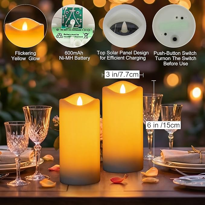Livinlarge 3"x6" Large Outdoor Solar Candles Waterproof, Rechargeable Solar Powered Flameless Flickering LED Pillar Candle for Patio Yard Deck Window Table Decor, Holiday Gifts for Mom and Wife, 6pcs