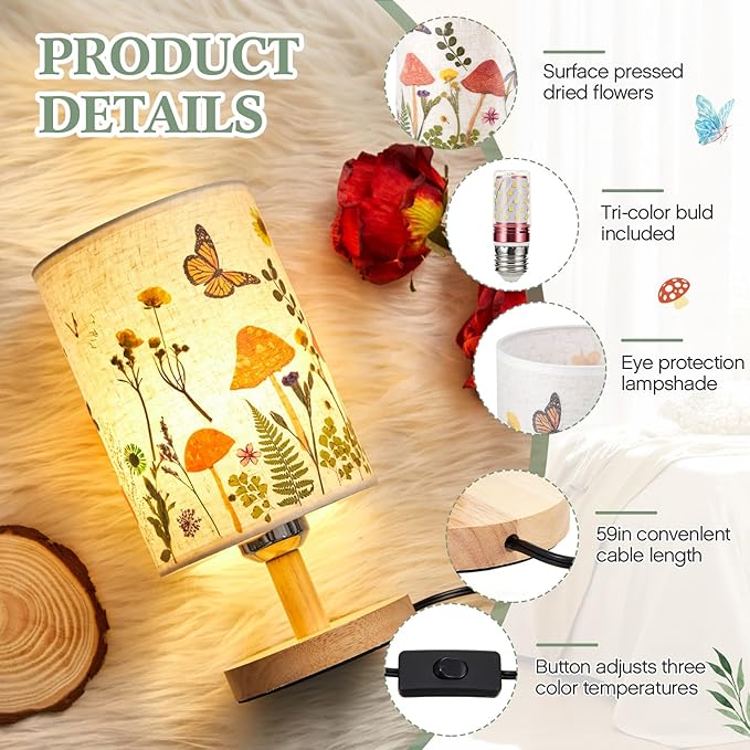 Hortsun Pressed Flower Lamp Vintage Table Small Lamp Cottagecore Decor Boho Night Light Decorative Rustic Night Light for Living Room, Bedroom or Office, Christmas Gift for Women