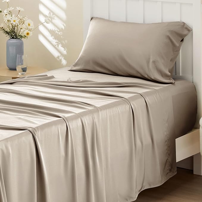 Bedsure Cooling Sheets Twin XL, Rayon Derived from Bamboo, Breathable & Soft Twin XL Sheet Sets, Deep Pocket Up to 16 Inches, Hotel Luxury Silky Dorm Bedding for Hot Sleepers, Simply Taupe
