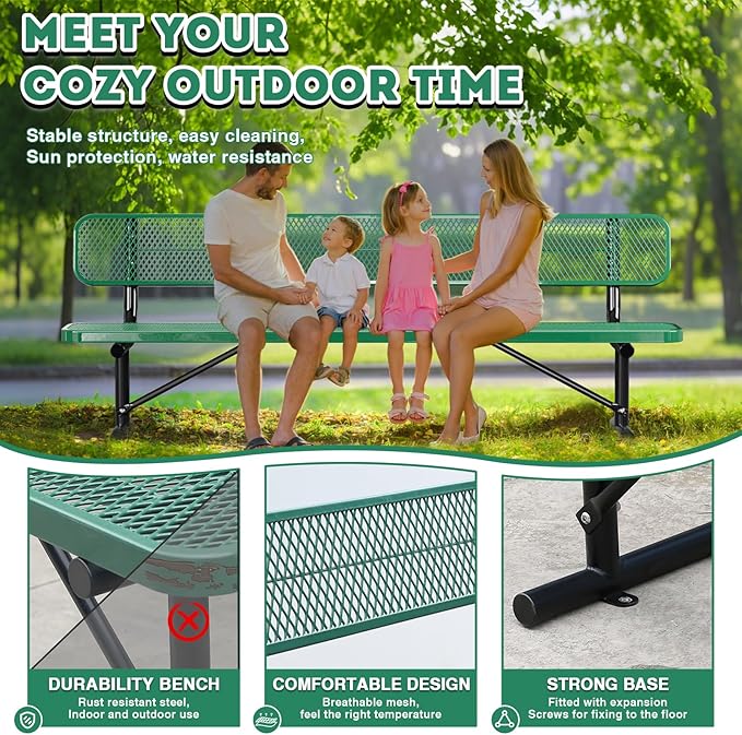 Heavy Duty Park Bench for Outside, Metal Park Bench with Back Portable Frame, Outdoor Steel Mesh Garden Bench with Backrest for Garden, Lawn, Patio, Porch, Park, Yard (Green, 8FT/95INCH)