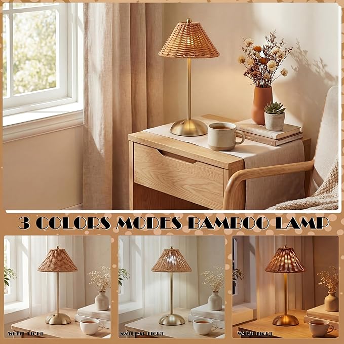 4 Pack Wedding Cordless Rattan Table Lamps Wicker Night Light LED Rechargeable Reading Lights 3 Color Portable Touch Control Party Decor with Bows for Outdoor Party Wedding Patio