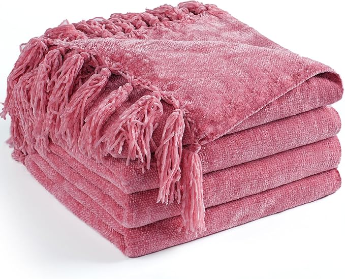 Chenille Throw Blanket for Couch 50"X 60", Soft Cozy Throws with Fringe Tassel for Bed Sofa Chair Cover, Lightweight Knitted Decorative Boho Blankets for Living Room, Rose Pink