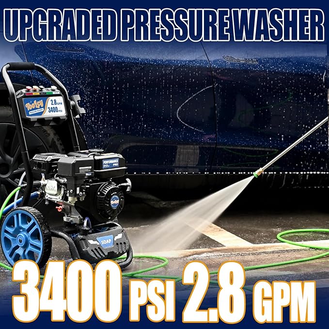 TOOLCY Gas Pressure Washer 3400 PSI & 2.8 GPM, High-Performance 212cc Engine, Reinforced Pump, 35FT Extended Power Hose, Kink-Less Swivel Gun with & 5 Nozzles, for Cars/Fences/Driveways/Homes/Patios