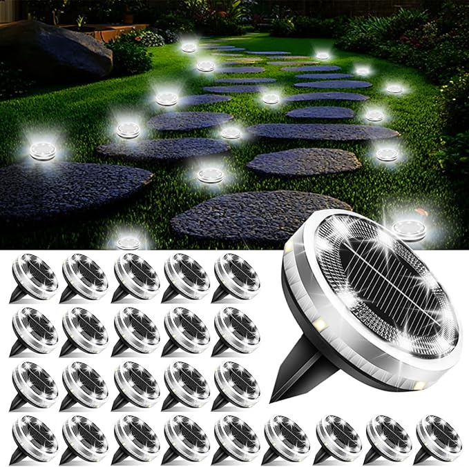 Solar Ground Lights Outdoor 26 Pack Waterproof, Upgraded Solar Garden Lights with 4 Side Light, Stainless Steel Solar Powered Disc Landscape Light for Walkway Pathway Lawn Yard Patio Deck-Cool White