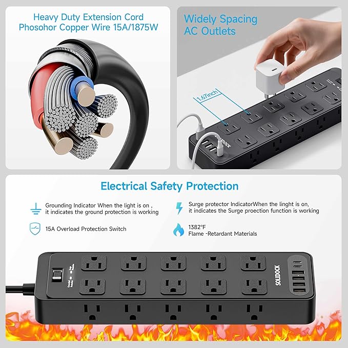 Power Strip Surge Protector Flat Plug with 20 AC Outlets 6 USB Chagring Ports, 1875W/15A, 2700J, 10 Ft Heavy Duty Extension Cord for Home, Office, Dorm, Gaming,ETL Listed (Black, 10 Feet)