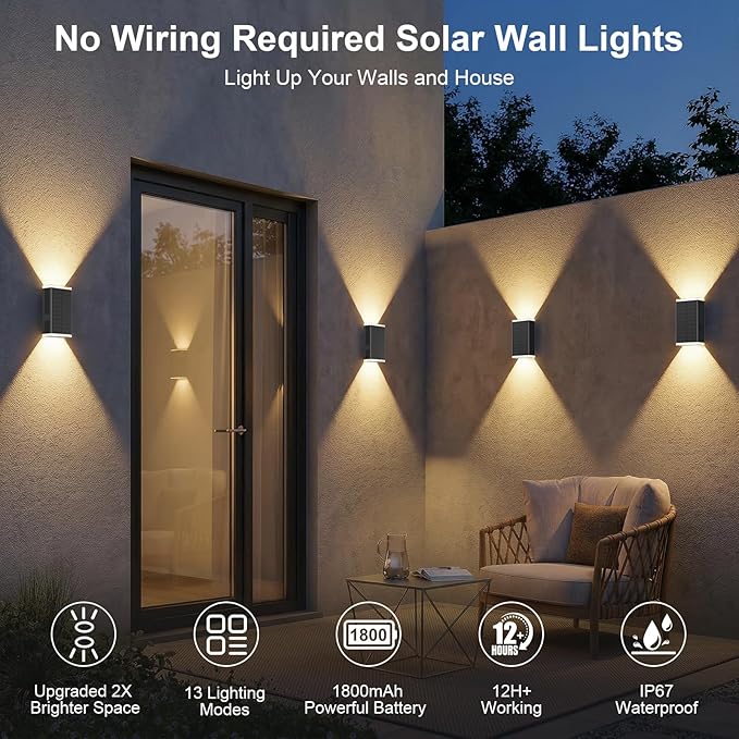 Solar Wall Light Outdoor,3000/4500/6000K/RGB 13 Modes Dusk to Dawn Wall Lighting Solar Sconce Lights IP67 Waterproof Up and Down Solar Lights Outdoor for House, Yard ,Garage, Porch,Fence,Patio(1PCS)