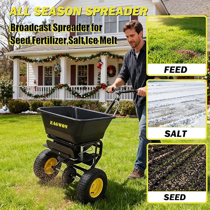 Walk-Behind Push Broadcast Spreader - Commercial All Season, 100lb Capacity, 13in All-Terrain Pneumatic Tires, Grate/Cover/Enclosed Gearbox Included, for Seed/Fertilizer/Salt/Snow Melt