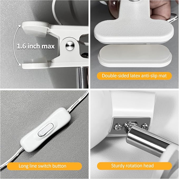 LED Small Clip Light,5W Super Bright Reading Light, 330° Rotation Lamp with Clamp on Desk/Table/Bed Headboard/Cupboard Home Lighting, Modern and Save Space Illumination Powerful bedroom Lamp White
